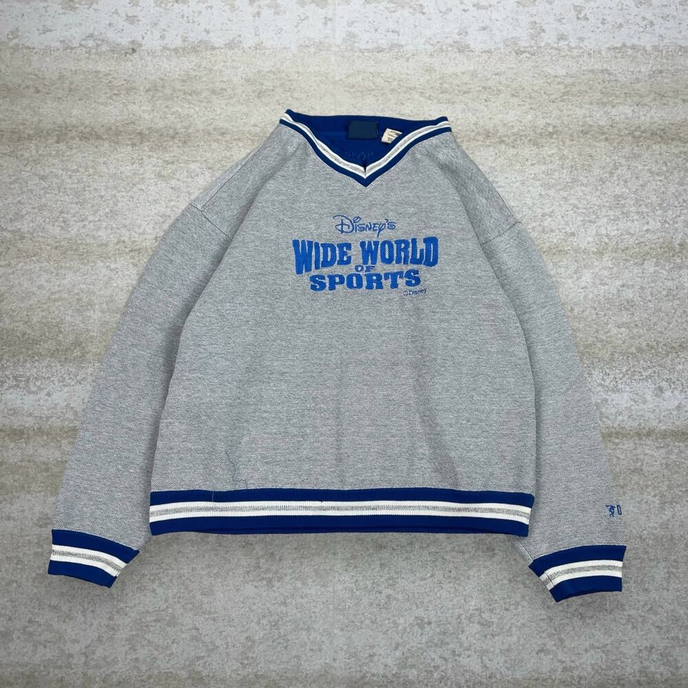 Vintage Y2K Disney Sweatshirt Mens M Grey Cotton World of Sports Blue White